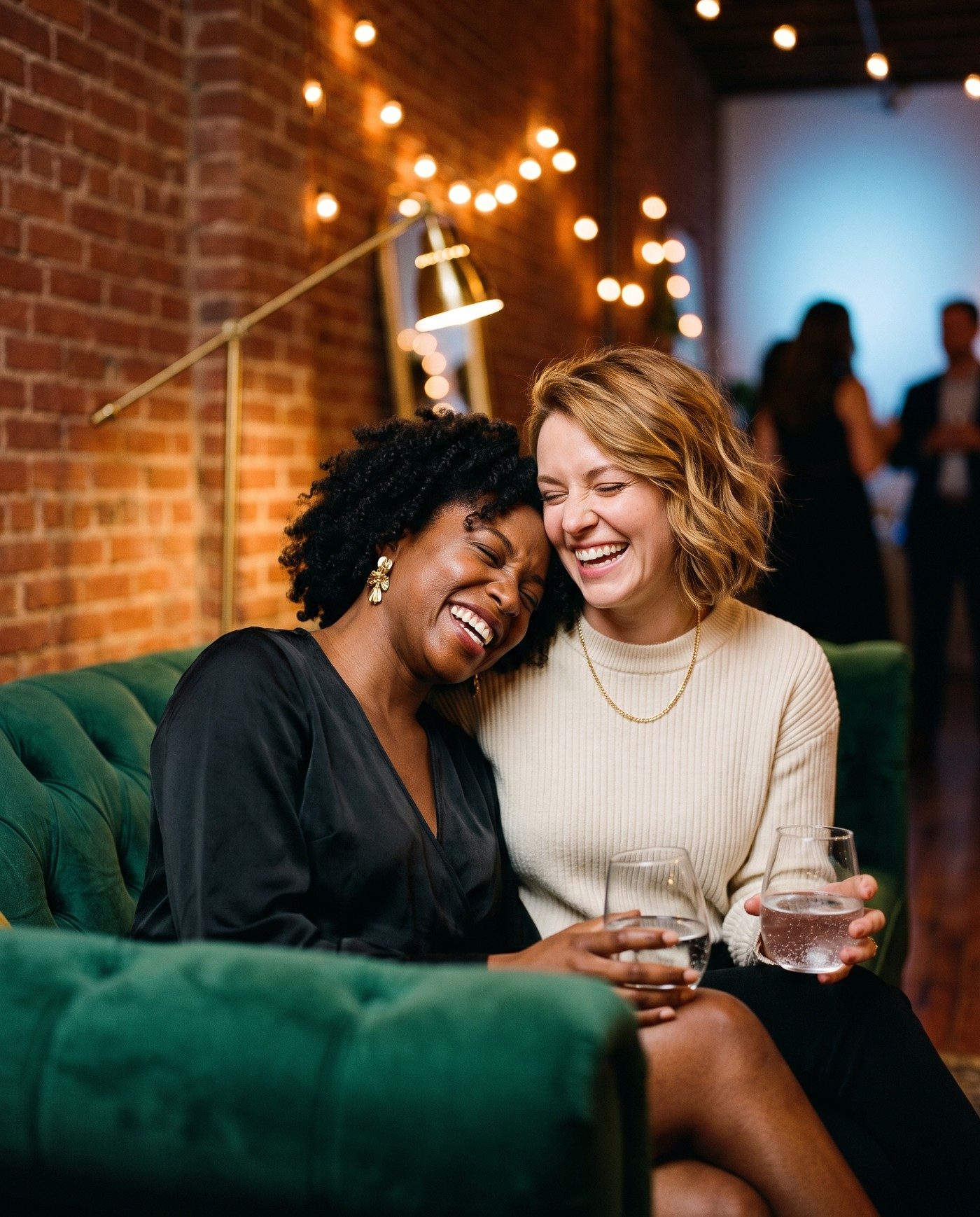 Two women laugh with their eyes closed and heads together on a tufted emerald velvet sofa, each holding a stemless glass of sparkling water, with exposed brick, string lights and a brass floor lamp behind them and other guests talking in the blurred background.