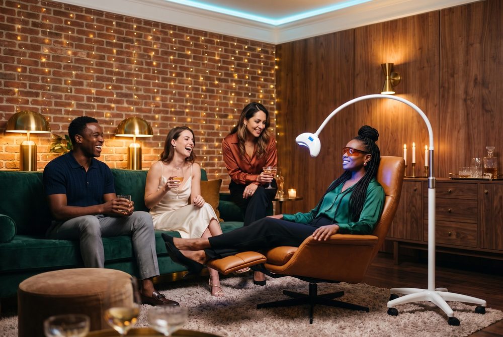 At night in a brick-walled living room hung with string lights, a Black woman with long braids, an emerald silk blouse and amber glasses sits back in a cognac leather lounge chair. A white rolling lamp stands beside her, and its curved head casts blue light across her smile. Nearby, a Black man, a white woman and a Latina woman laugh with drinks in hand beside an emerald velvet sofa, among brass lamps and walnut paneling.