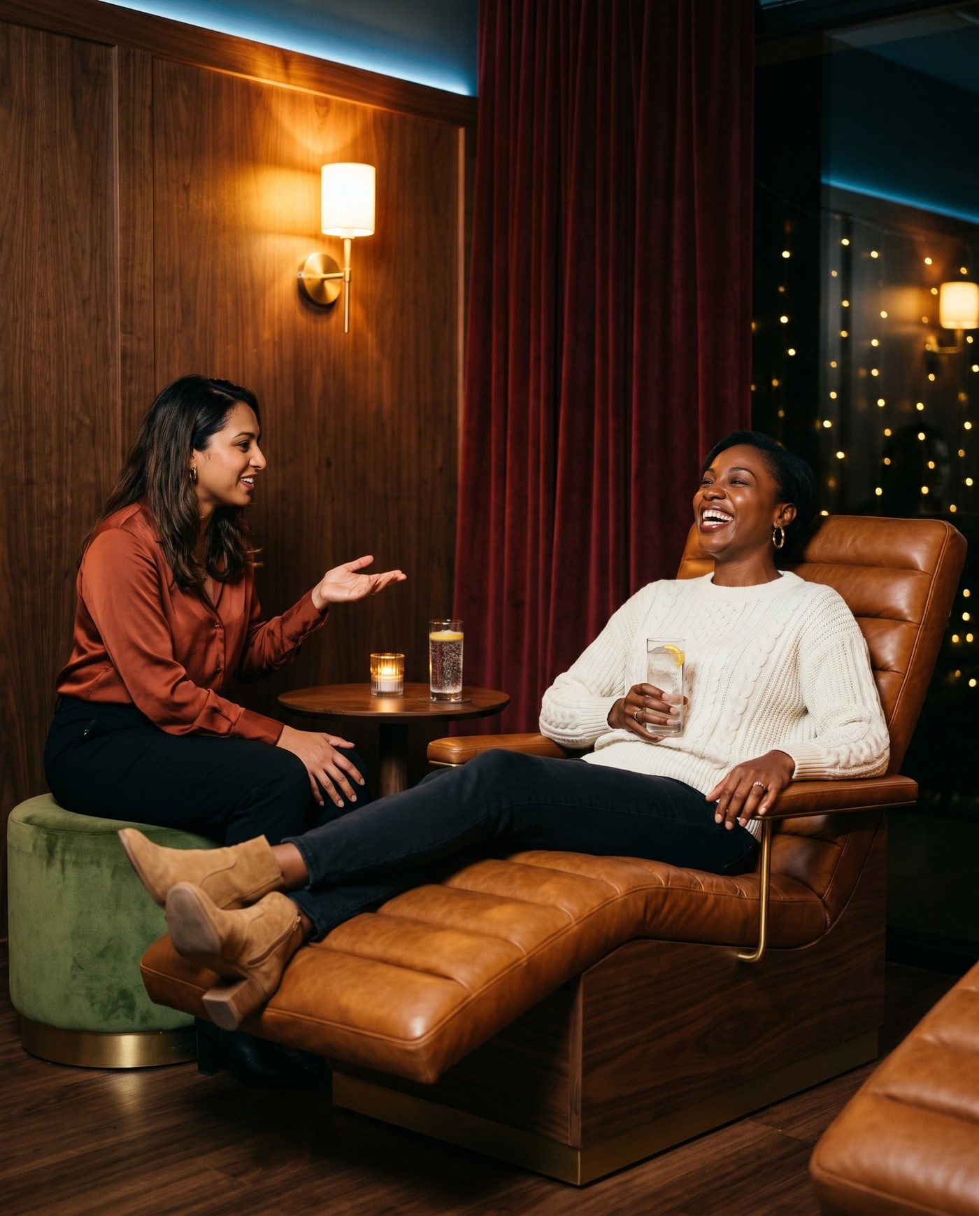 Two women talk in a lounge with dark walnut paneling, a brass wall sconce and an oxblood velvet curtain. One reclines in a cognac leather lounge chair on a walnut base, laughing and holding a glass of sparkling water with lemon. The other leans toward her from a green velvet ottoman, one hand raised mid-story, beside a small side table with a candle.