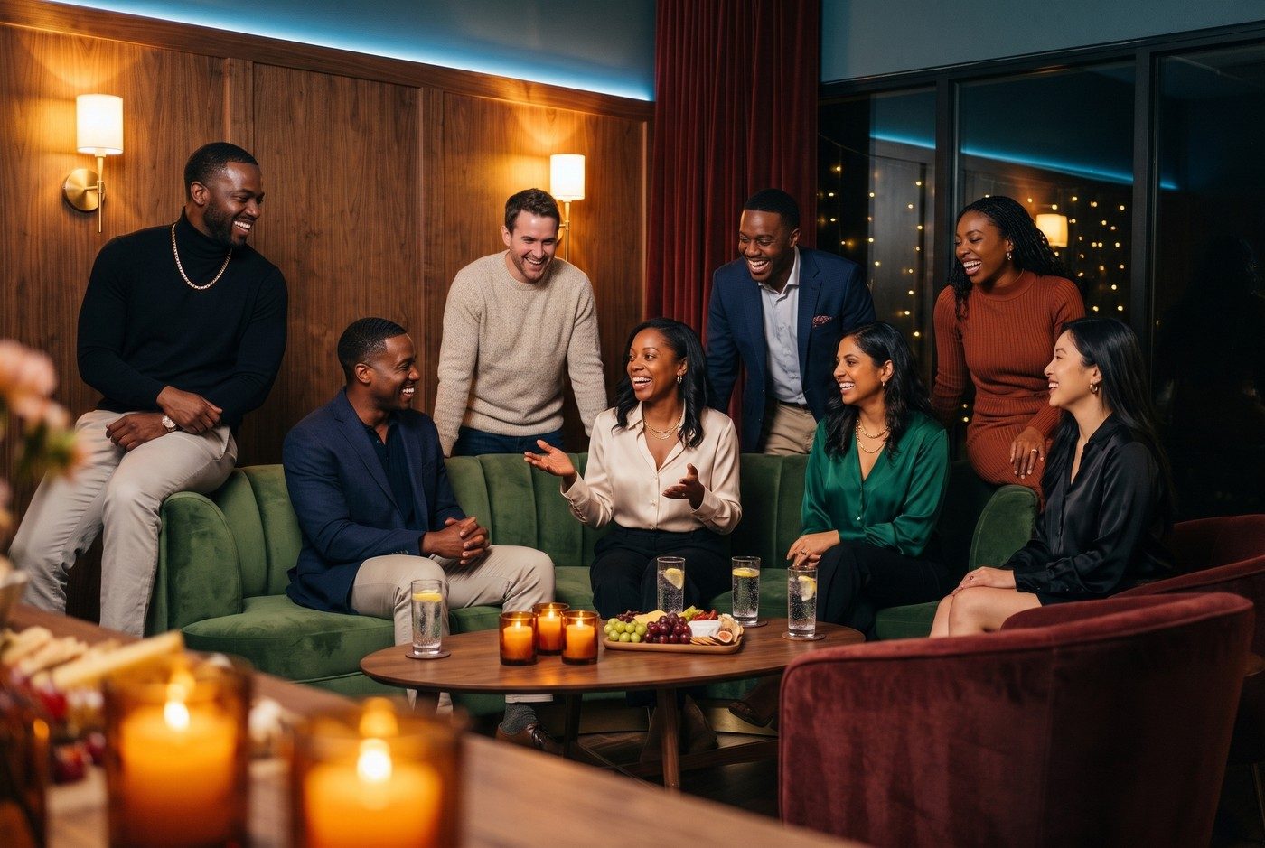 Eight adults laugh together in a walnut-paneled lounge at night, gathered on and around a curved green velvet sofa as a woman in a champagne silk blouse at the center gestures mid-story. Candles, tall glasses of sparkling water with lemon and a small board of grapes, cheese and figs sit on a walnut coffee table, with brass wall sconces, a dark red velvet curtain, a soft blue ceiling glow and string lights through a window behind the group.