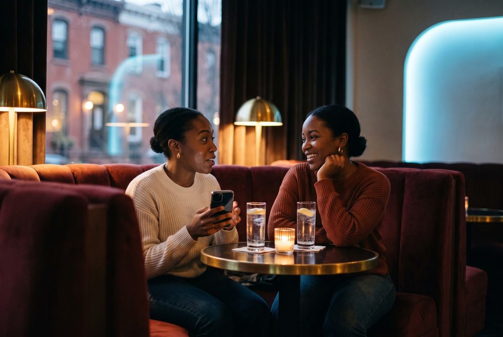 Two women talk in a deep-red velvet booth in a dim evening lounge. One holds a phone and speaks while the other listens, laughing, with her chin on her hand. Between them on a brass-rimmed table are two glasses of sparkling water with lemon and a lit candle, with brick rowhouses visible through the window behind.