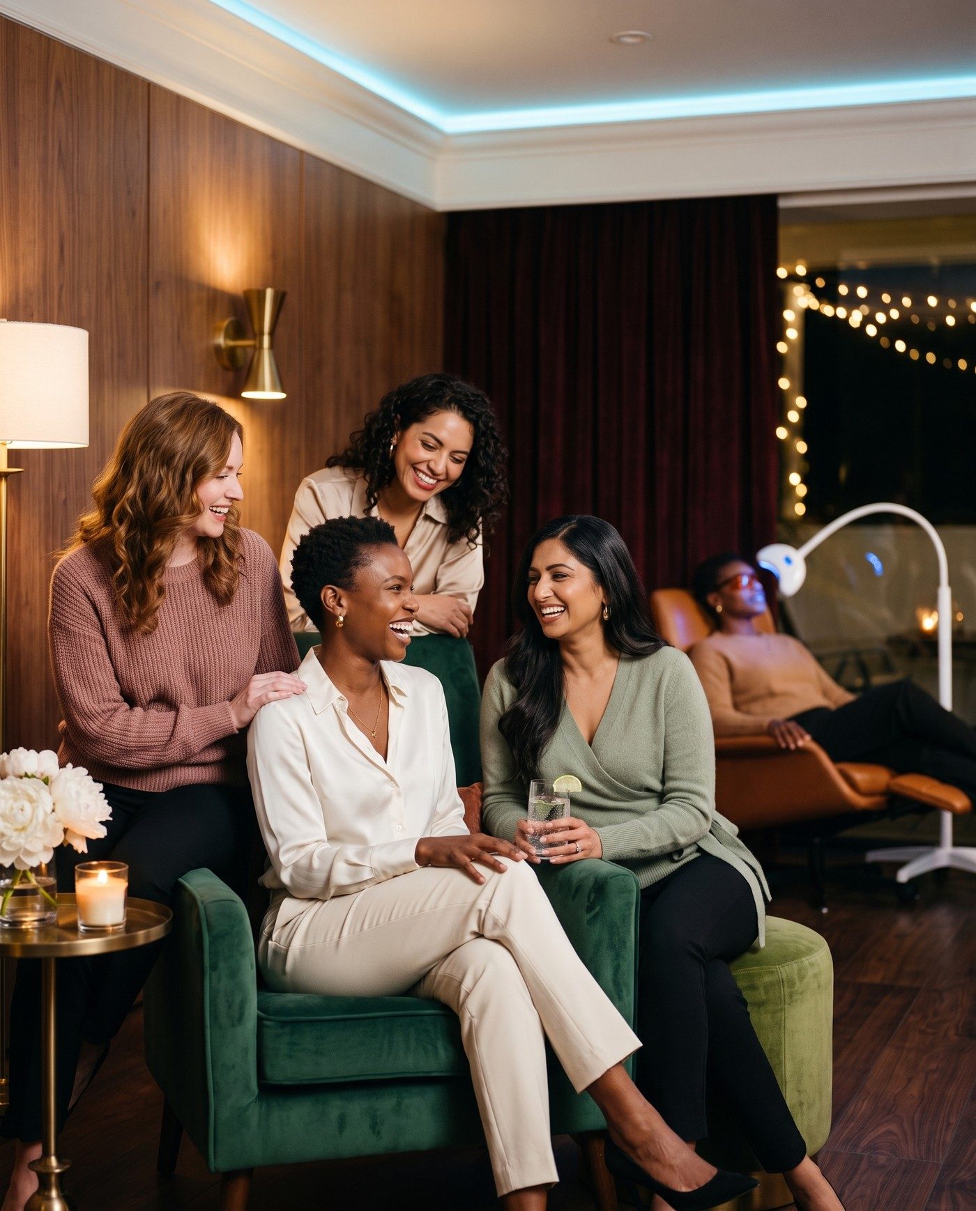 Four women laugh together in a walnut-paneled lounge lit by brass sconces and candles: a Black woman in an ivory silk blouse and cream trousers sits in an emerald velvet armchair, a red-haired woman in a rose knit rests a hand on her shoulder, a woman with dark curls in champagne satin leans on the chair back, and a South Asian woman in a sage wrap holds a glass of sparkling water. In the background, under string lights, a woman in amber-tinted glasses reclines in a cognac leather lounge chair beneath a white standing whitening lamp whose curved head casts blue light across her face.