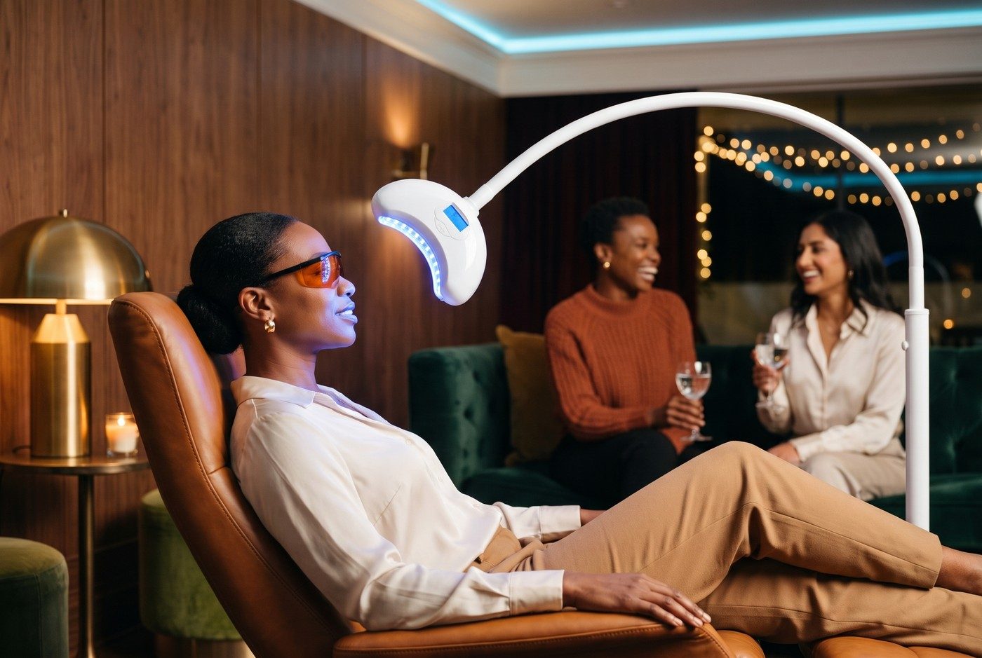 A Black woman in amber-tinted glasses and an ivory silk blouse reclines in a cognac lounge chair. A white teeth-whitening lamp on an arched arm holds its curved head just in front of her face, casting blue light across her lips and chin. Behind her, two friends laugh on a green velvet sofa in a walnut-paneled room lit by a brass lamp, a candle and string lights.