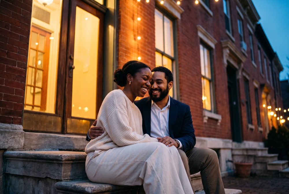 A laughing couple sits close together on the stone steps of a red-brick rowhouse at dusk, with warm light glowing from the glass doorway and windows and string lights overhead.